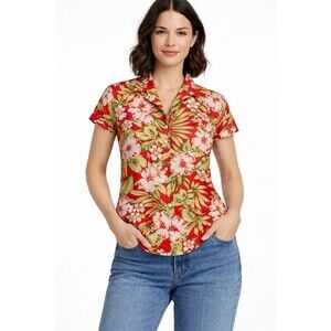 Jones New York Signature Silk Hawaiian Shirt XL Red Floral Tropical Button Up